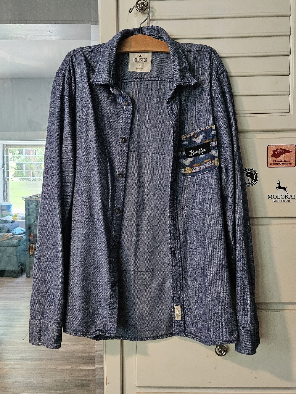 Upcycled Hollister Unisex Blue Long-Sleeve Button-Up Shirt With Bob Ross Patches